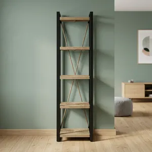 Étagère à livres en bois moderne industrielle à 4 niveaux avec cadre en métal grillagé pour le salon, le bureau à domicile, le rangement - Product Image 5