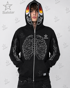Sudadera con Capucha Negra Gótica con Diseño de Calavera y Cierre de Cremallera para Hombre, Diseño de Esqueleto Estampado, Corte Regular, Sudadera con Capucha para Otoño - Product Image 3