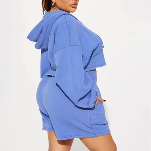 Conjunto de Sudadera con Capucha y Cremallera con Logotipo Personalizado, Lavado Ácido, Hombros Caídos, y Pantalones Cortos con Cordones y Cintura Elástica para Mujer - Product Image 2