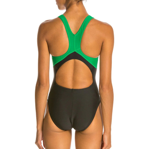 Women One Piece Swimsuit Color Blocking Green Black Contrast Binding Spandex Nylon Stretch Round Neck Regular Fit - Product Image 5