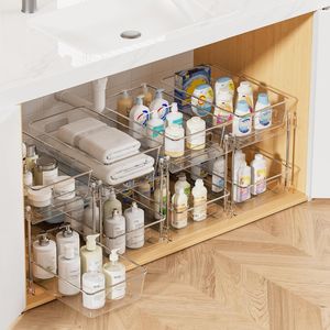 Set di 4 Organizzatori Trasparenti a 2 Livelli per Lavabo, Contenitori per Ripiani e Cassetti della Cucina - Product Image 1