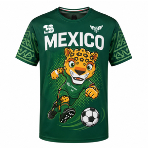 T-shirt de supporter de football vert Mexique, motif léopard de dessin animé, vêtement de sport, maillot d'équipe personnalisé, tee-shirt décontracté unisexe - Product Image 1