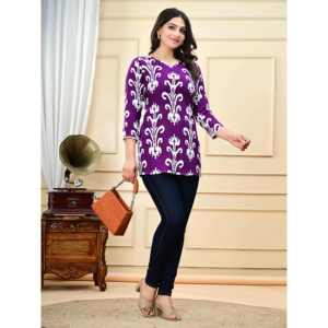 Blusa Morada para Mujer, Estilo Vintage, Casual, 100% Algodón Ecológico, Cuello en V, Estampado Popelín - Product Image 4