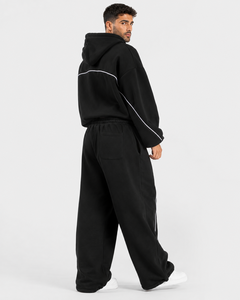 Ensemble de survêtement en molleton de coton surdimensionné noir pour hommes avec lignes contrastées, qualité supérieure, personnalisable avec logo, vente en gros OEM - Product Image 2