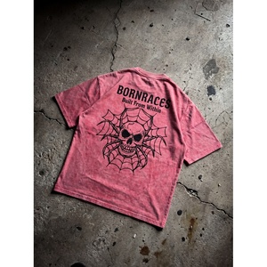 Camiseta Personalizada para Hombre, Talla Grande, Roja, Lavado Ácido, Diseño Vintage Bornraces con Gráfico de Calavera y Telaraña en la Espalda, Cuello Redondo, Algodón Grueso - Product Image 4