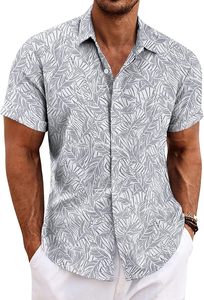 Chemises en coton pour hommes en gros, ODM, à manches courtes, imprimées feuilles de palmier hawaïennes, rayées, décontractées, avec patte de boutonnage recouverte, pour l'été et la plage - Product Image 5