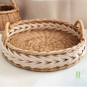 New Design <b>Round</b> Rattan Tray Hand-Woven <b>Wicker</b> Serving <b>Basket</b> with Wood Handles Sustainable Kitchen & Living Room Decor - Product Image 5