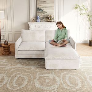 Divano a Due Posti in Tessuto Corduroy con Poggiapiedi, Divano Angolare a L con Pouf, Imbottito e Grande per Soggiorno - Product Image 2