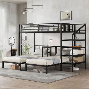 Letto a Castello Triplo in Metallo con Scrivania e Mensole Salvaspazio per 3 Persone, Dimensioni Twin XL - Product Image 1