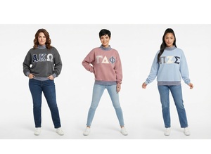 Sweat-shirt oversize à col rond pour femme, bleu marine, avec lettres grecques Phi Omega Alpha, bordure à carreaux, en coton tricoté, style automne - Product Image 4