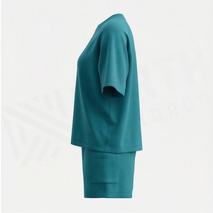 Ensemble de shorts en tricot 2 pièces pour femmes, couleur unie, col rond, manches courtes, coupe ample, au-dessus du genou, respirant, vêtements décontractés - Product Image 3