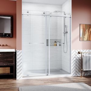 Porte de douche coulissante sans cadre en verre 56 60 pouces W X 76 In. Verre trempé transparent épais de 3/8 po (10 mm) en acier inoxydable robuste - Product Image 2