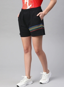 Women's <b>Black</b> Knitted Sport <b>Shorts</b> With Rainbow Stripes Elastic Waist Regular Fit Breathable Pocket Design - Product Image 4