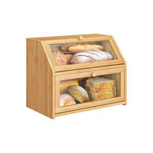 Clear Front 2-Tier Bamboo Bread Box with Glass Windows - <b>Double</b> Layer Kitchen Countertop Bread Storage <b>Bin</b> Organizer - Product Image 1