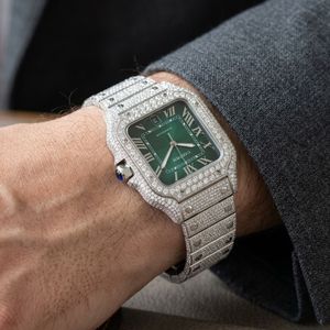 Luxury rectangular <b>diamond</b> wristwatch with green dial roman numeral markers silver hands blue gemstone crown ornate bracelet - Product Image 2