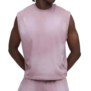 MEN BOXY CROPPED 220GSM 100% COTTON CUSTOM PRINT LOGO SUMMER SINGLET SLEEVELESS SLEEVE T-<b>SHIRTS</b> SPORT GYM VEST TANK TOP MEN'S - Product Image 4