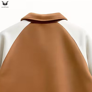 Blouson Teddy en Cuir PU Chaud pour Femme 2026, Marron et Blanc, Manches Brodéées avec Logo, Col Rabattu, Manches Longues, Vêtement d'Hiver - Product Image 4
