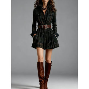 เดรสเชิ้ตลายสก๊อตสีเข้มสำหรับผู้หญิงพร้อมเข็มขัด เดรสสั้นทรงเข้ารูปแขนยาวพร้อมกระโปรงบาน - Product Image 1