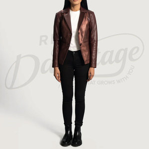 Women Maroon and Metallic Bronze Real <b>Leather</b> <b>Blazer</b> <b>Jacket</b> Slim Fit Premium Sheepskin Two-Tone Formal Casual Business Outerwear - Product Image 3