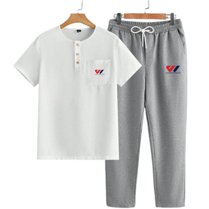 Ensemble t-shirt Henley et pantalon de jogging pour homme, manches courtes, tenue décontractée deux pièces, séchage rapide, logo personnalisé pour la collection printemps-été - Product Image 4