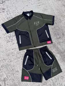custom <b>embroidery</b> two-piece zip cargo shorts and short sleeve jacket <b>sets</b> printed polyester nylon windbreak tracksuit for men - Product Image 1