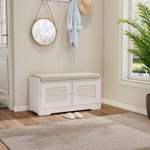 28.74\" White Entryway Shoe <b>Storage</b> Bench with 2 Door Cabinet and Adjustable Shelf <b>Cushioned</b> Shoe Rack - Product Image 3