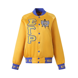 Chaqueta Bomber de Satén Dorado Sigma Gamma Rho para Mujer, Ligera, Estilo Universitario, con Cierre, Ropa Exterior Informal, Bordado Personalizado, OEM, ODM - Product Image 2