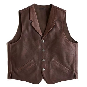 Gilet en cuir véritable pour homme, marron personnalisé, le plus vendu, en cuir de vachette véritable, col à revers, style western, sans manches, vêtement d'extérieur - Product Image 3