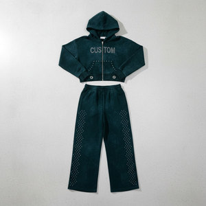 Ensemble sweat à capuche et pantalon de survêtement vintage effet vieilli – Design irrégulier avec fermeture éclair et strass thermocollés, coupe ample unisexe - Product Image 4