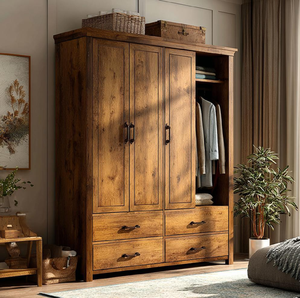 Armoire rustique en bois massif à 3 portes, avec tiroirs inférieurs et compartiment ouvert pour suspendre les vêtements. Disponible, aux prix de gros. - Product Image 1
