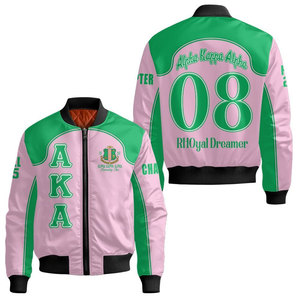 Chaqueta Bomber Verde Satinado Alpha Aka con Diseño de Escudo con Letras Griegas, Chaqueta Casual Unisex con Cierre Frontal - Product Image 4