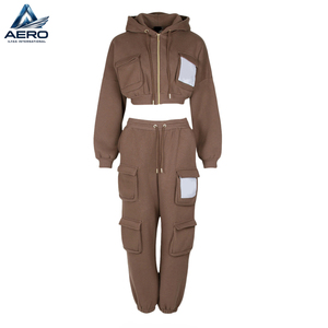 Newest Product Women Pullover Tracksuit <b>Set</b>, In Brown Color Best Quality Long Sleeve Gym Wear Crop Hoodie And Pant <b>Sets</b> - Product Image 3