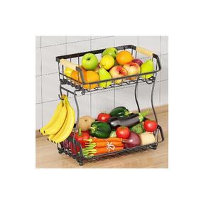 Cesta de frutas de 2 niveles para encimera de cocina con 2 colgadores para plátanos, cesta de pan metálica para encimera con asa de madera - Product Image 2
