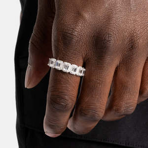 925 Sterling <b>Silver</b> <b>Emerald</b> Cut Halo Eternity <b>Ring</b> | Baguette Full Band | Luxury Wedding & Anniversary <b>Ring</b> - Product Image 2