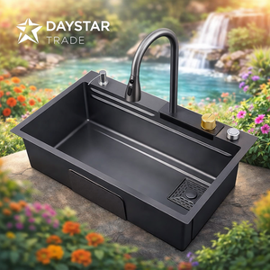 Évier de cuisine rectangulaire Daystar Trade en acier inoxydable moderne à cuve unique, à encastrer, quatre trous, surface brossée, avec robinet, fait main - Product Image 1