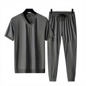 Men's Summer Sports <b>Suit</b> Two-Piece Set Quick-Drying Anti-Bacterial Spandex/Cotton Solid <b>Short</b> Sleeve V-neck Zipper Fly Regular - Product Image 1