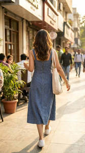 Robe midi décontractée d'été en lin et coton bleu, à fines bretelles, coupe ample, couleur unie, taille naturelle, sans manches - Product Image 4
