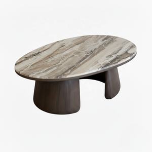 Mesa de centro ovalada con superficie de mármol y patas de madera en forma ovalada para sala de estar - Product Image 3