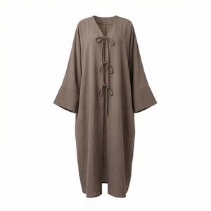 Abaya ouverte, cardigan pour femmes musulmanes, en crêpe de lin texturé, avec lien, style kimono, manches fendues, robe pour tous les jours, été, automne, hiver - Product Image 1