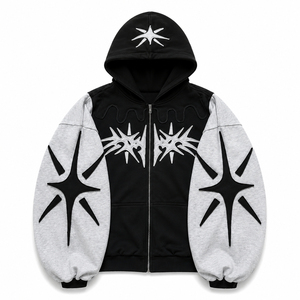 Sweat à capuche zippé Y2K personnalisé avec motif étoile, broderie appliquée premium, coupe oversize, streetwear bicolore 100% coton, marque privée - Product Image 1