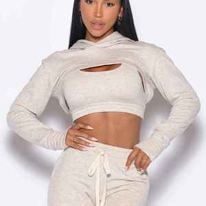 Sweat-shirt à capuche court pour femme, gris chiné, manches longues, en mélange de coton tricoté, couleur unie, style décontracté automne - Product Image 4