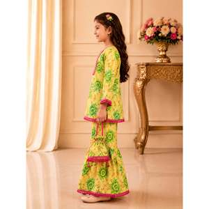 Ensemble Sharara Imprimé pour Femme - Jaune, Manches Courtes 3/4, Motif Intégral en Polyester, Tenue de Fête Ethnique Élégante et Tendance - Product Image 3