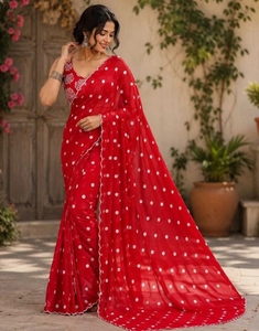 KV Women's Polka Print Bollywood Silk Blend <b>Saree</b> with Unstitched Blouse (<b>Red</b>) Reversible Quick Dry Wrinkle-Free Wedding - Product Image 2