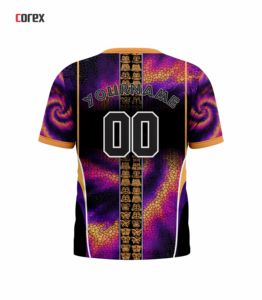 T-shirt de sport pour homme Corex, imprimé par sublimation, manches courtes, col rond, séchage rapide, coupe classique, motif violet et orange - Product Image 2