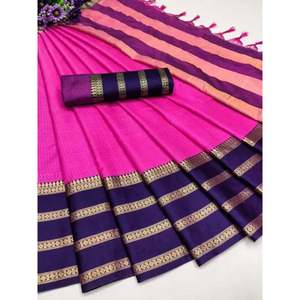 KHADI TRADICIONAL ALGODÓN JACQUARD TRABAJO SAREE CON BLUSA DESCOSADA ROSA - Product Image 1