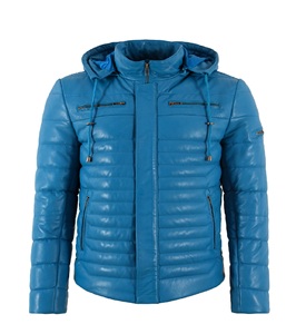 Chaqueta de Cuero Nappa Azul Eléctrico 100% Genuina Personalizada para Hombre con Capucha, Forro Cálido, Etiqueta Privada OEM, Tendencia de Invierno, Ropa de Abrigo - Product Image 1
