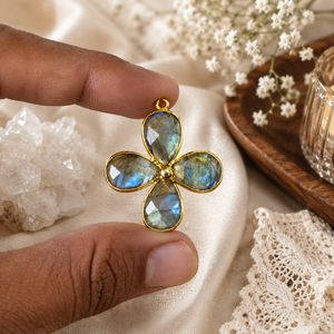 Pendentif fleur en labradorite |   Breloque en pierre précieuse en forme de poire facettée pour la fabrication de bijoux, à utiliser pour collier - Product Image 1
