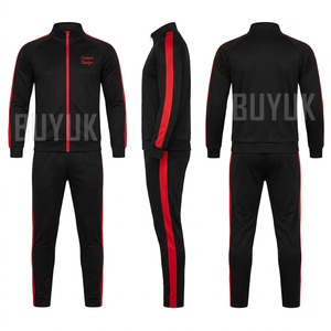 Ensemble de survêtement pour homme noir et rouge, manches longues, fermeture éclair, col montant, coupe classique, polyester, couleur unie, poches latérales, vêtements d'automne - Product Image 1
