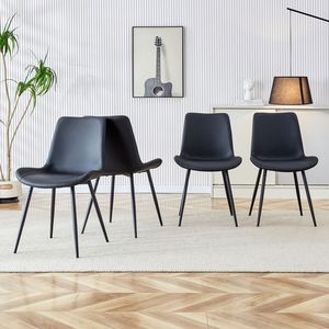 Chaise de salle à manger avec dossier en cuir artificiel noir, design incurvé et élargi confortable, avec pieds en métal noir - Product Image 2