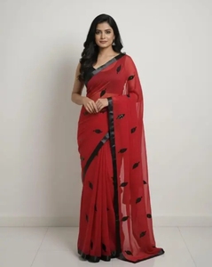 Sari KV para Mujer, Diseño Panpatti Rojo y Negro, Georgette de Secado Rápido, Largo hasta el Suelo, con Blusa sin Coser - Product Image 1